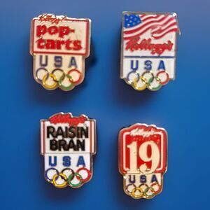 4 Kellogg's Cereal Sponsor Pins 1992 U.S. Olympics Pop Tarts,Raisin Bran,Logo+